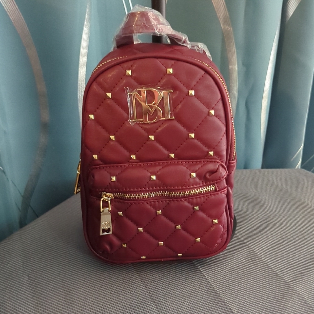 Badgley Mischka Burgundy Quilted Backpack with Gold Accents